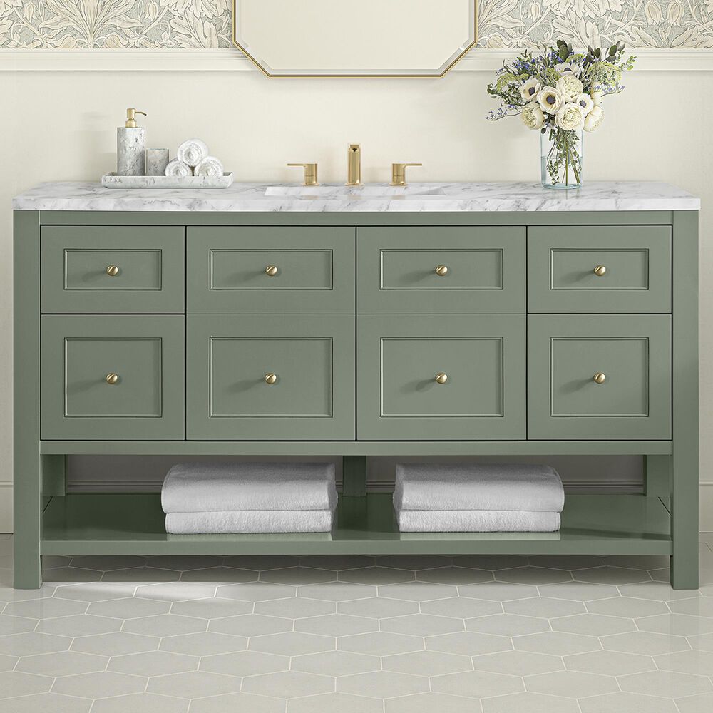 James Martin Vanities Breckenridge 60&quot; Single Bathroom Vanity in Smokey Celadon with 3 cm Carrara White Marble Top and Rectangular Sink, , large