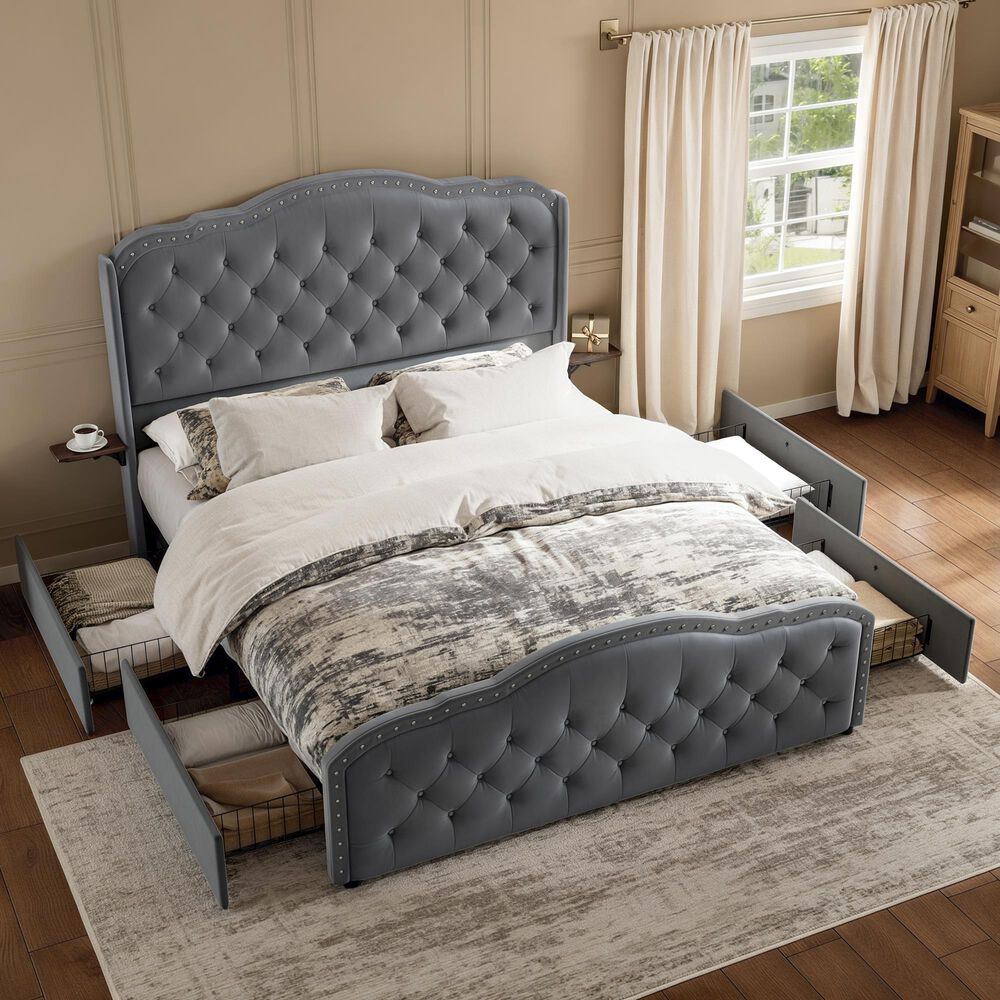 HOMLUX Full Upholstered Platform Storage Bed Frame with Headboard in Gray, , large
