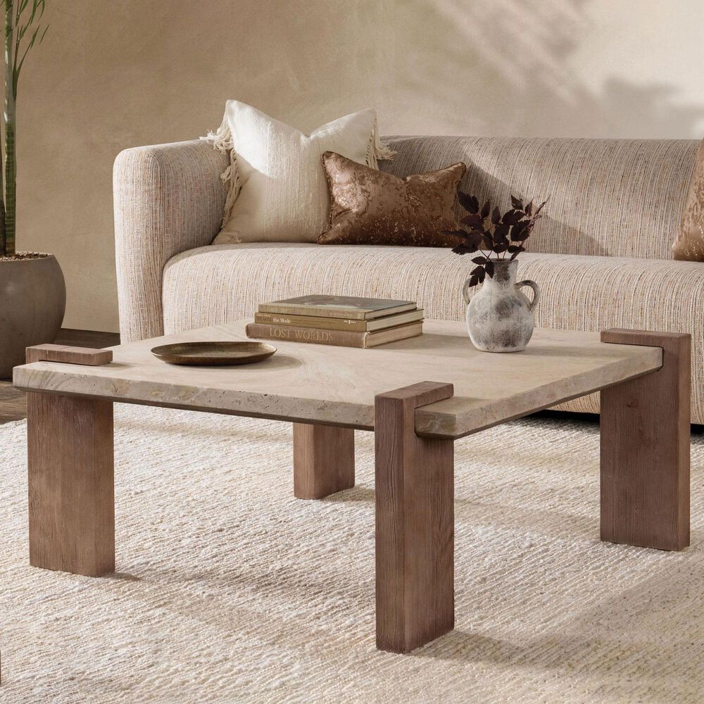 Classic Home Ruare 40&quot; Square Coffee Table in Distressed Brown, , large