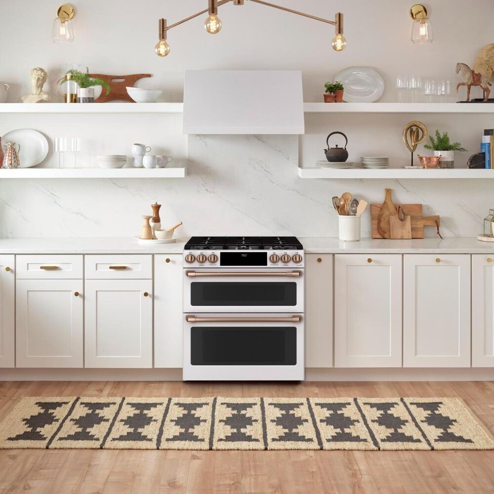Cafe 30&quot; Slide-IN Front Control Dual-Fuel Double Oven with Convection Range in Matte White with Brushed Bronze Handle, , large