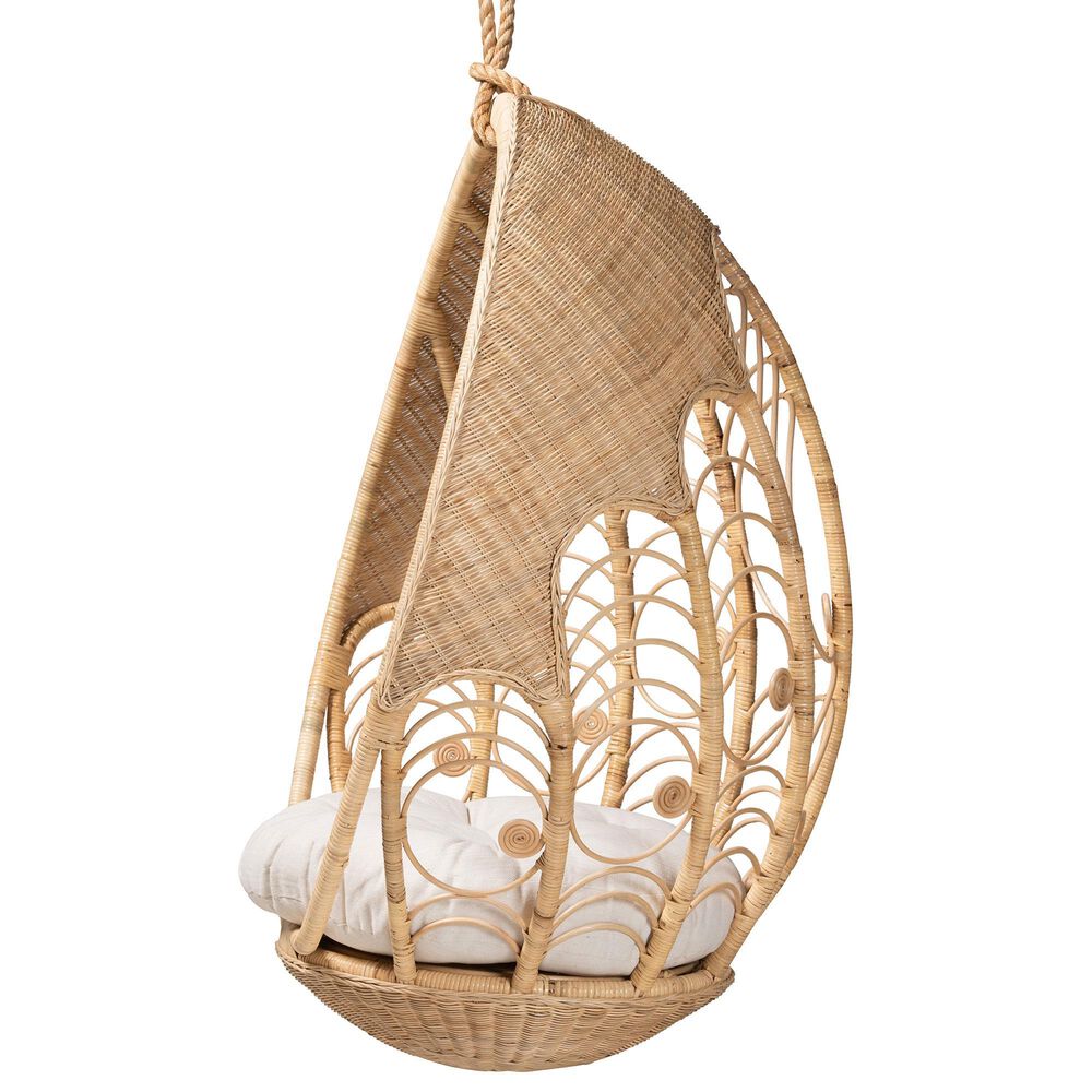 Baxton Studio Umika Patio Hanging Chair with Natural Brown Rattan in White, , large