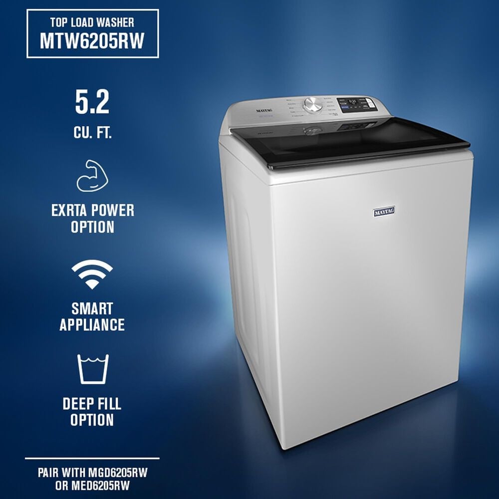 Maytag 5.2 Cu. Ft. Smart Top Load Washer and 7.4 Cu. Ft. Smart Electric Top Load Dryer Laundry Pair in White, , large