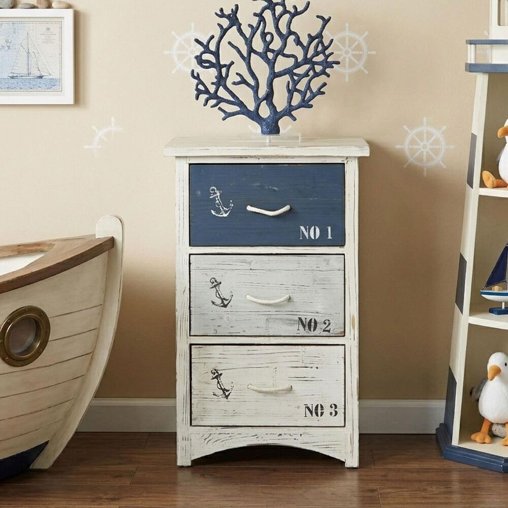 Maple and Jade 3-Drawer Chest Small with Rope Handle in Blue and White, , large