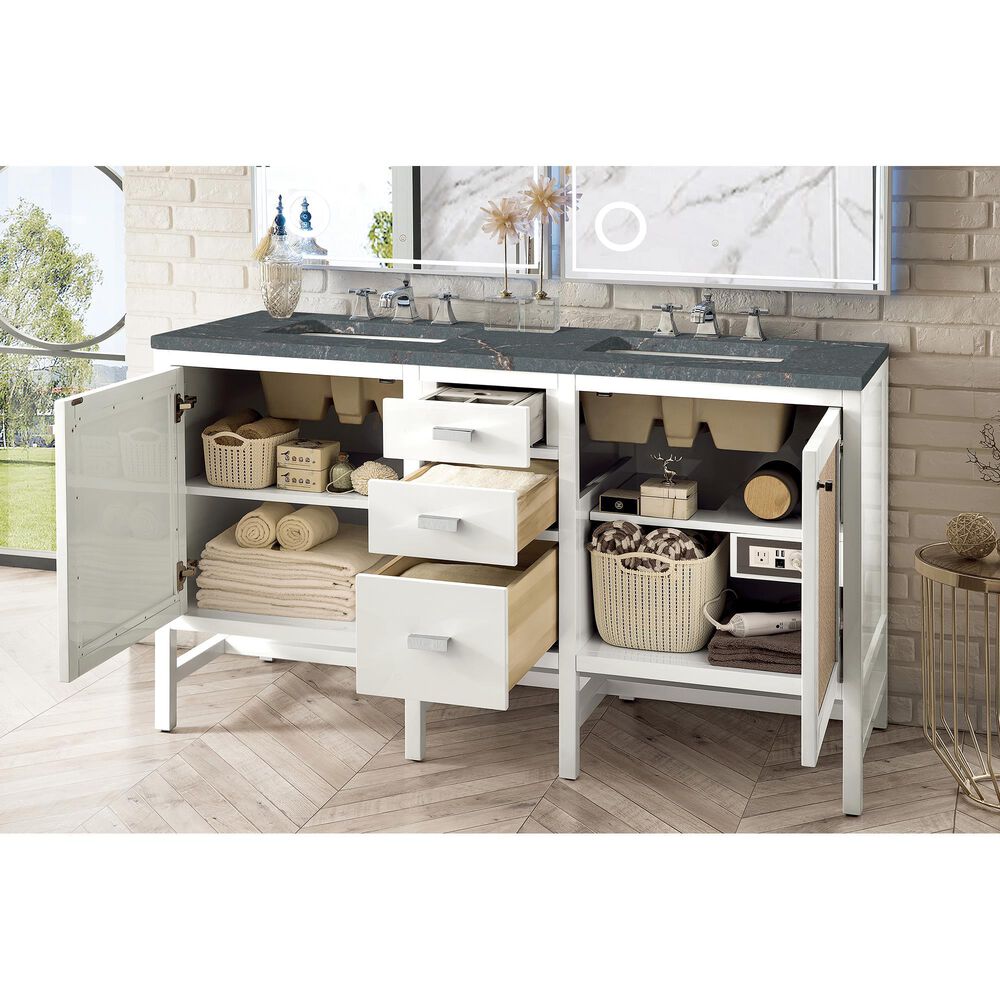 James Martin Vanities Addison 60&quot; Double Bathroom Vanity in Glossy White with 3 cm Parisien Bleu Quartz Top and Rectangular Sinks, , large