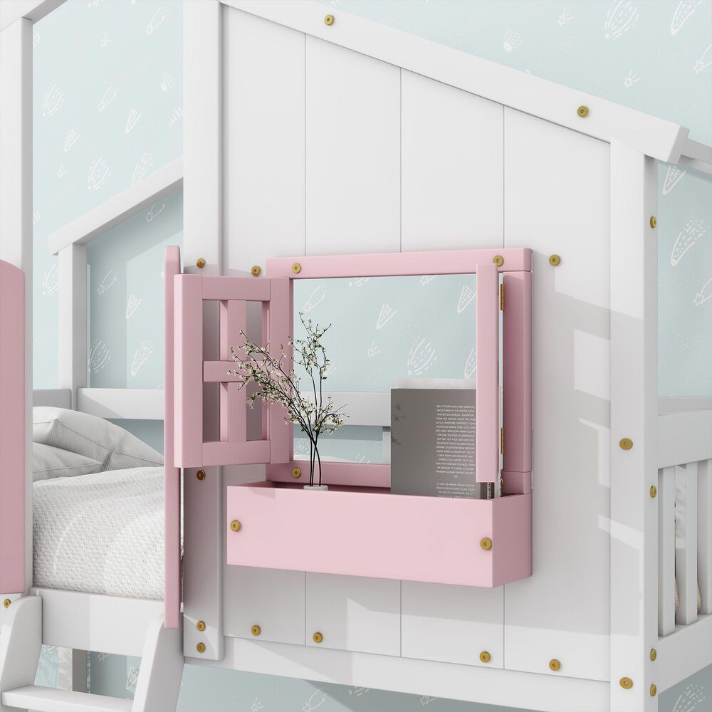 Hearth and Haven Twin over Twin House Bunk Bed with Roof in Pink and White, , large