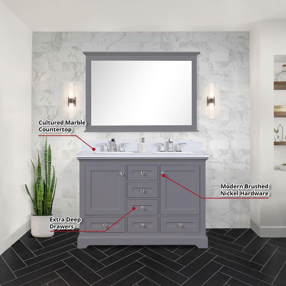 Lexora Home Dukes 48&quot; Double Bathroom Vanity in Dark Grey with 2 cm White Cultured Marble Top and Rectangular Sinks, , large