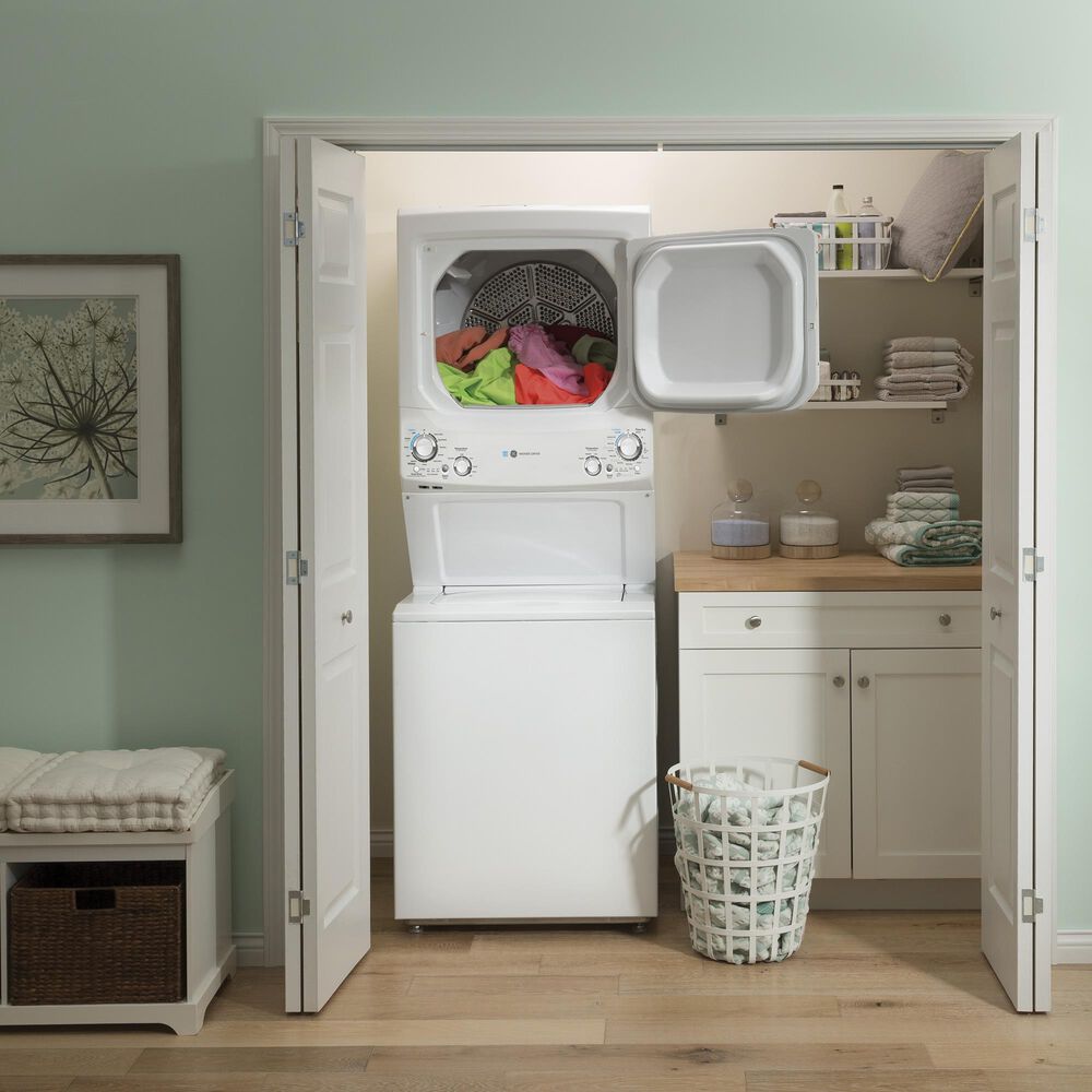 GE Appliances 3.9 Cu. Ft. Front Load Washer and 5.9 Cu. Ft. Gas Dryer Stack Laundry in White, , large