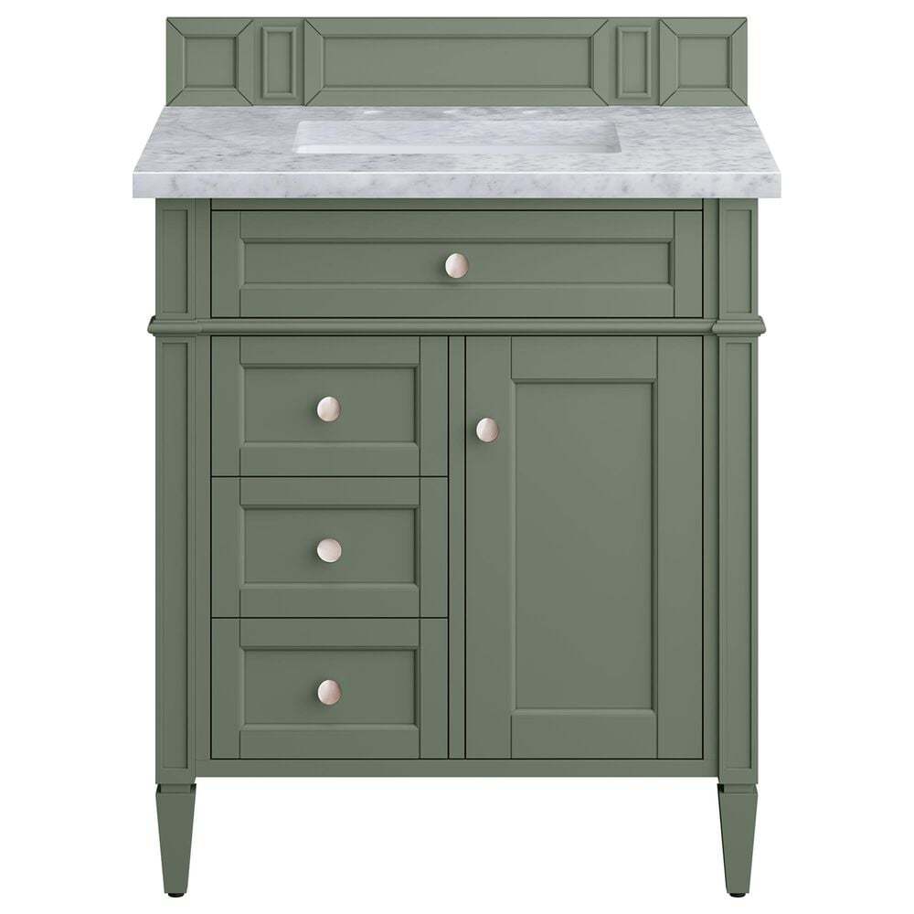 James Martin Vanities Brittany 30" Single Bathroom Vanity in Smokey Celadon with 3 cm Carrara White Marble Top and Rectangular Sink, , large