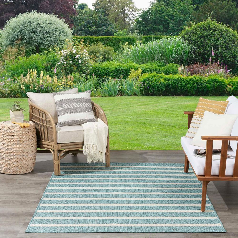 Nourison Positano POS03 Aqua and Ivory 4&#39; x 6&#39; Indoor/Outdoor Area Rug, , large