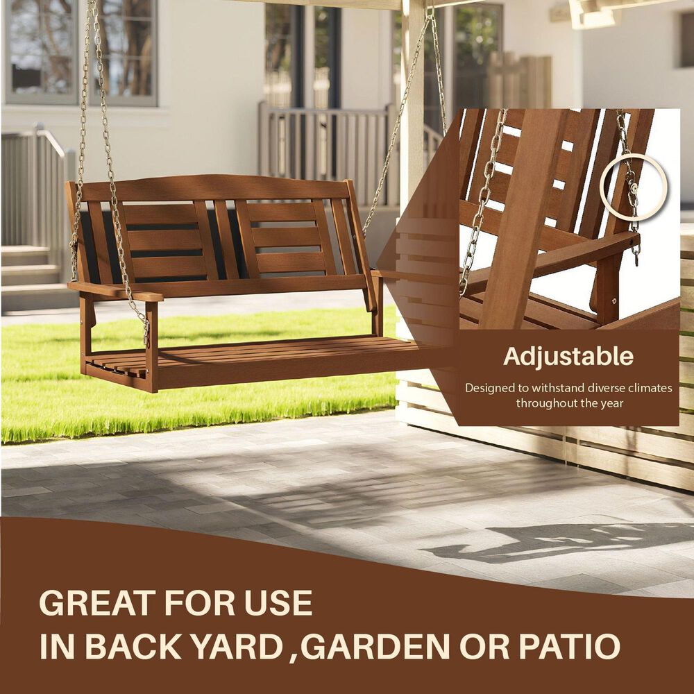 HOMLUX 2-Person Hanging Porch Swing Wood Bench with Hanging Chains, Curved Back in Teak Oil, , large