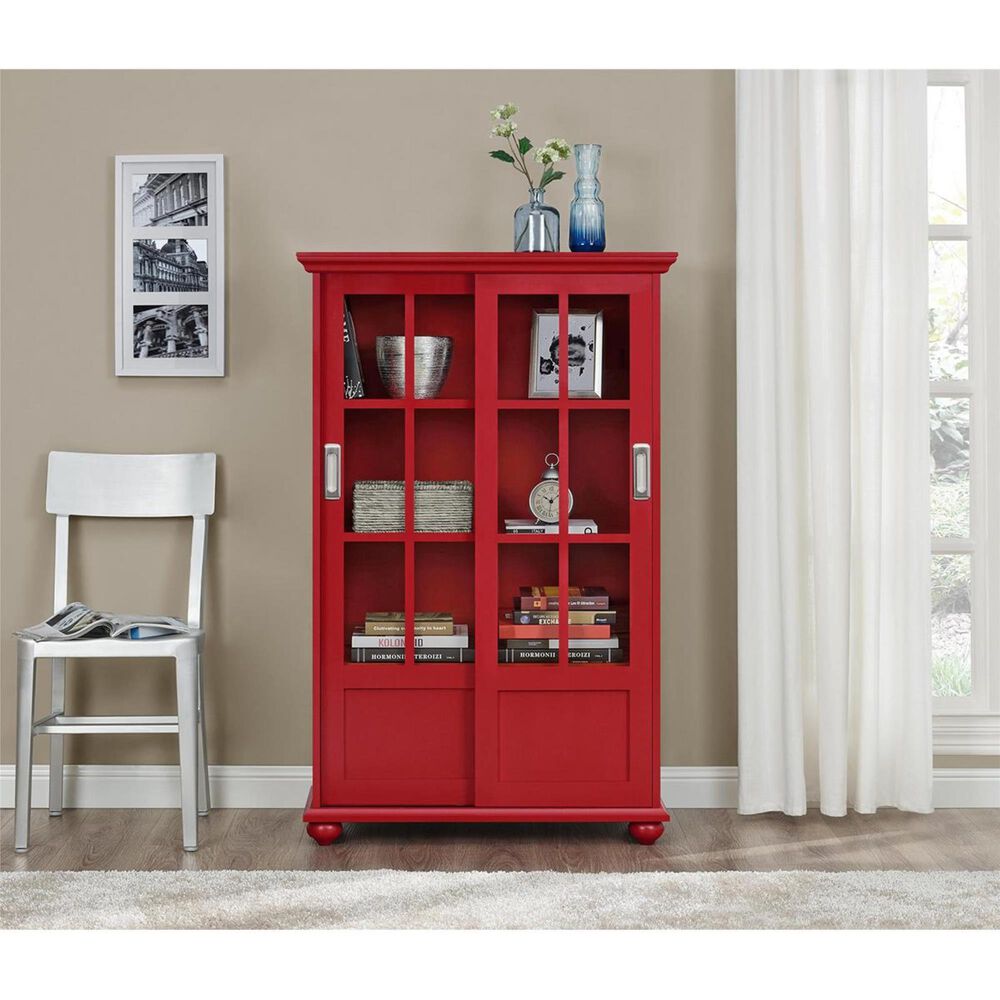 DHP Arron Lane Bookcase with Sliding Glass Doors in Red, , large