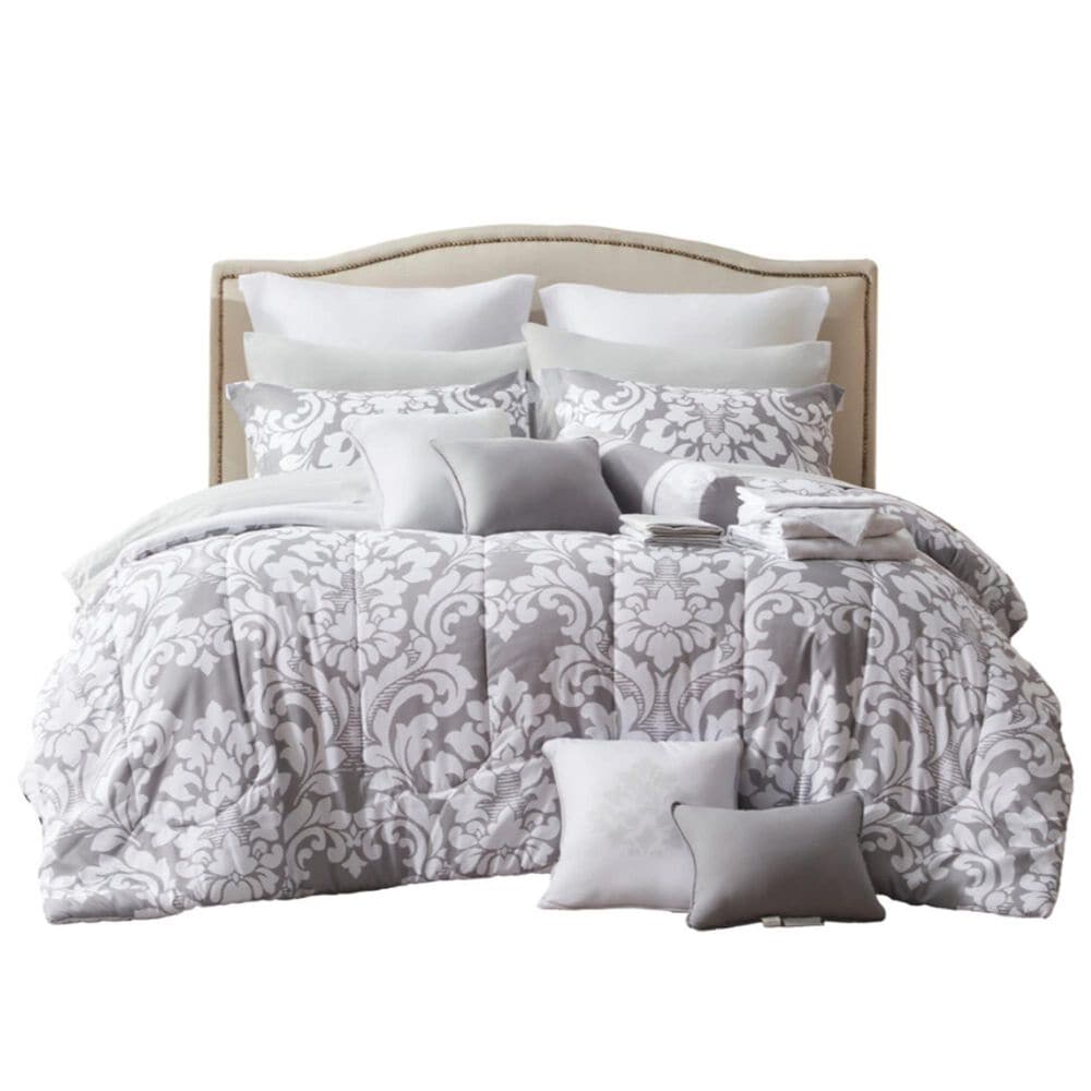 Jiangsu Royal Home Rosalia Damask 24-Piece Queen Bed-in-a-Bag Microfiber Comforter Set in Gray, , large