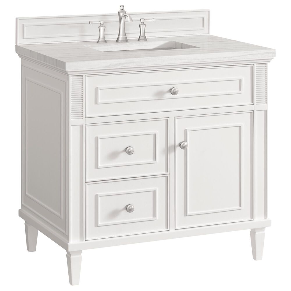 James Martin Vanities Lorelai 36" Single Vanity in Bright White with 3 cm Arctic Fall Solid Surface Top, , large