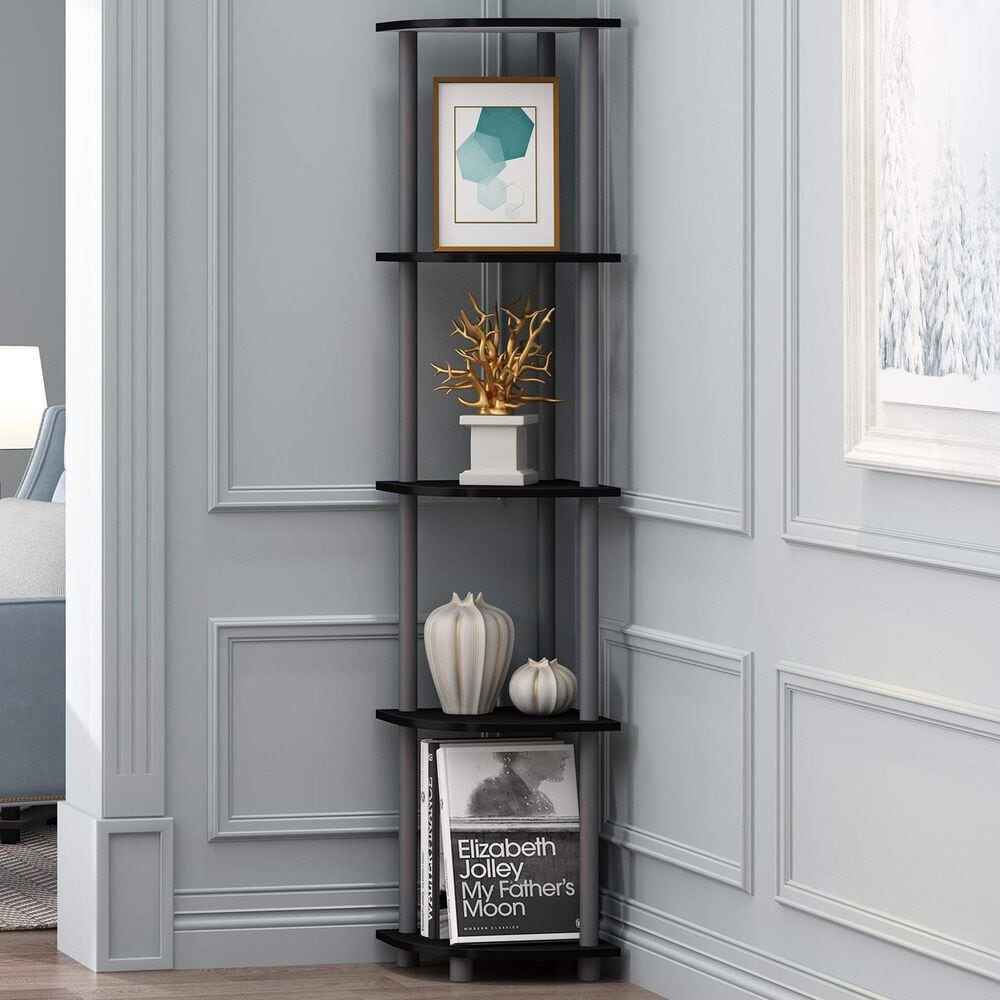 HOMLUX 5-Tier Modern Tall Corner Open Bookshelf in Black and Grey, , large