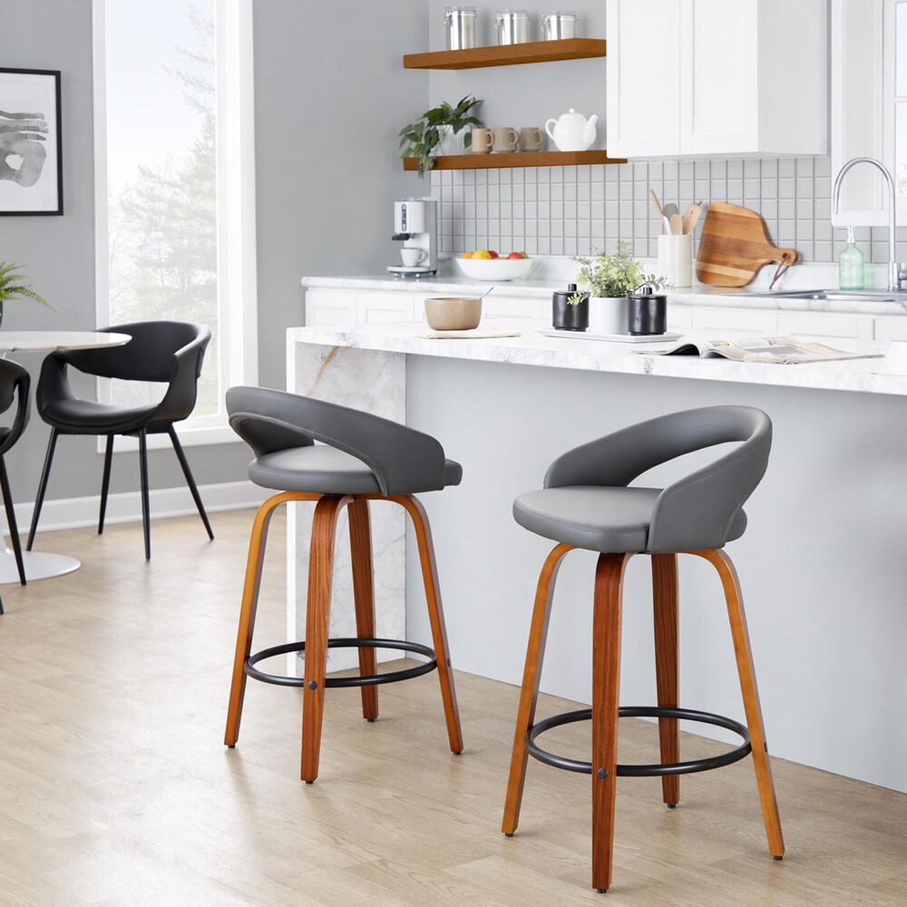 LumiSource Grotto Swivel Counter Stool with Grey Faux Leather Upholstery in Walnut Wood and Black (Set of 2), , large