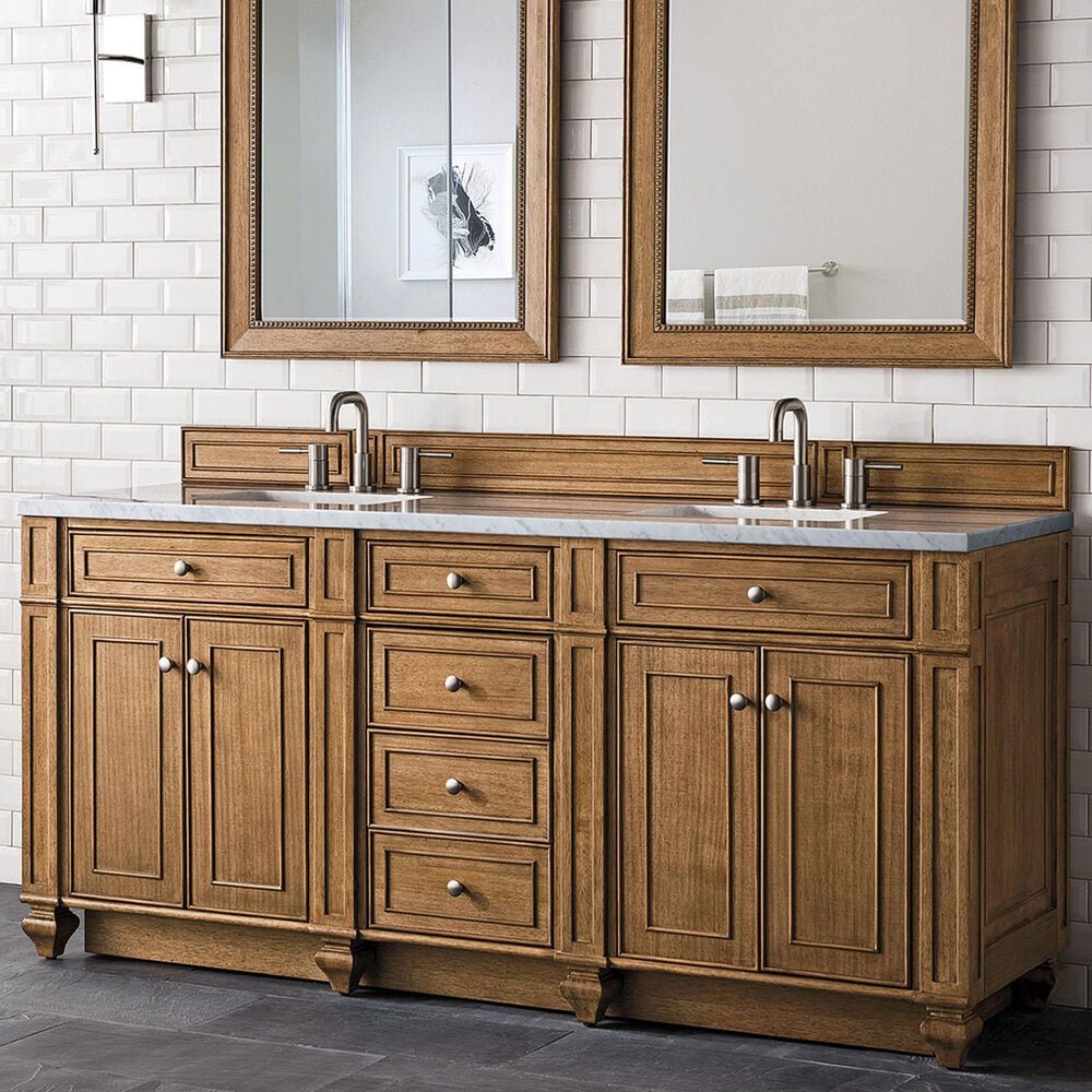 James Martin Vanities Bristol 72&quot; Double Bathroom Vanity in Saddle Brown with 3 cm Carrara White Marble Top and Rectangular Sinks, , large