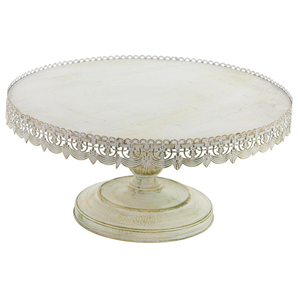 Maple and Jade Floral Cake Stand with Lace Inspired Edge in Distressed Cream, Black and Brown, , large
