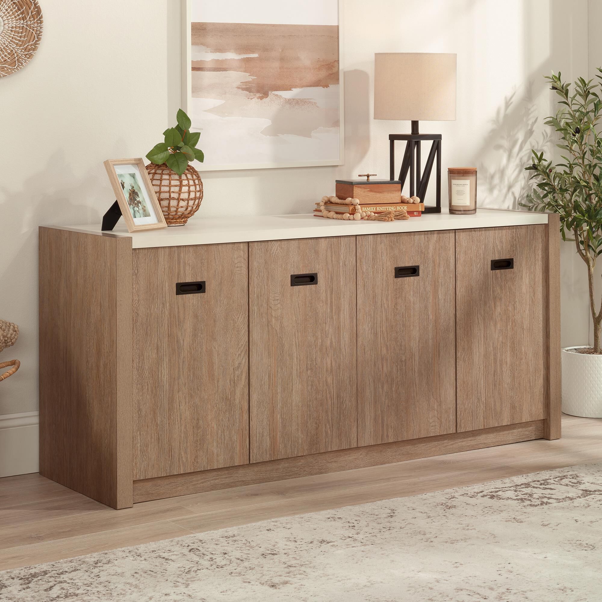 Sauder Dixon City 4 Door Accent Storage Cabinet in Brushed Oak NFM