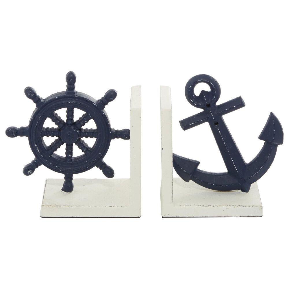 Maple and Jade Coastal Nautical Bookends in Blue and Distressed Ivory White &#40;Set of 2&#41;, , large