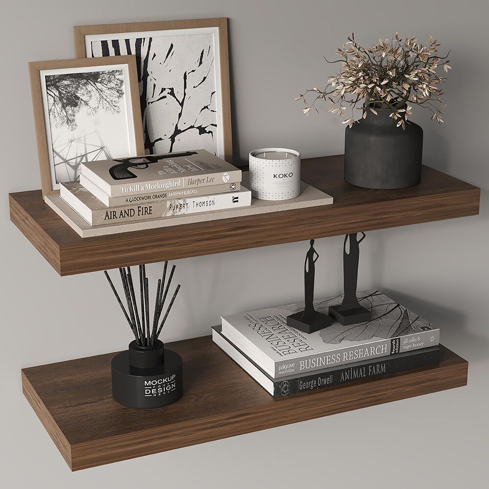 Hearth and Haven Ecco32" Floating Wall Shelf with Concealed Mounting in Dark Brown (Set of 2), , large