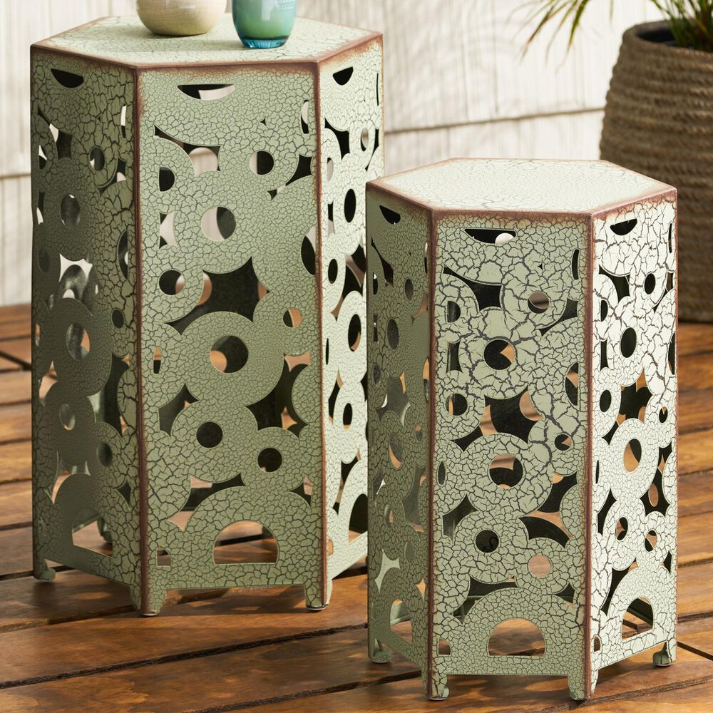 Hearth and Haven Selva 2-Piece Outdoor Hexagon Metal Side Table Set in Antique Green, , large