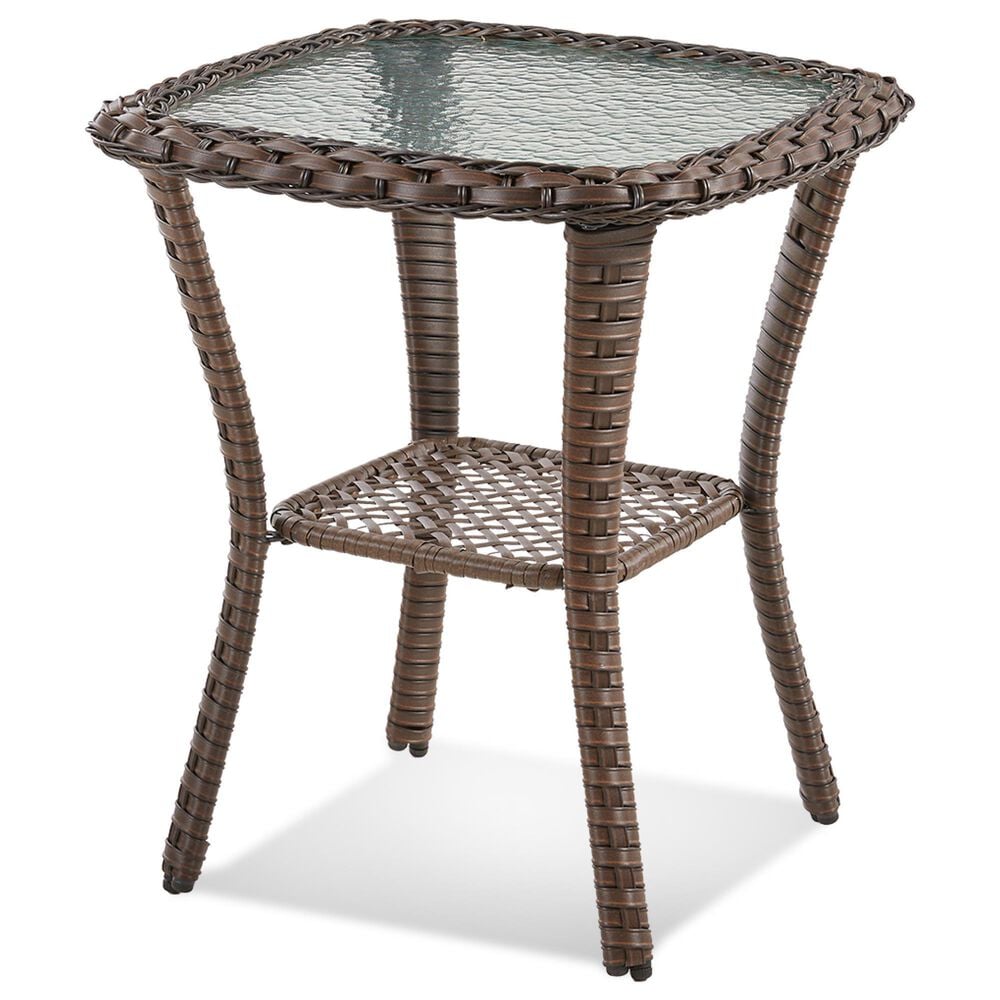 Hearth and Haven 23" Outdoor Wicker Side Table with Glass Top in Brown, , large