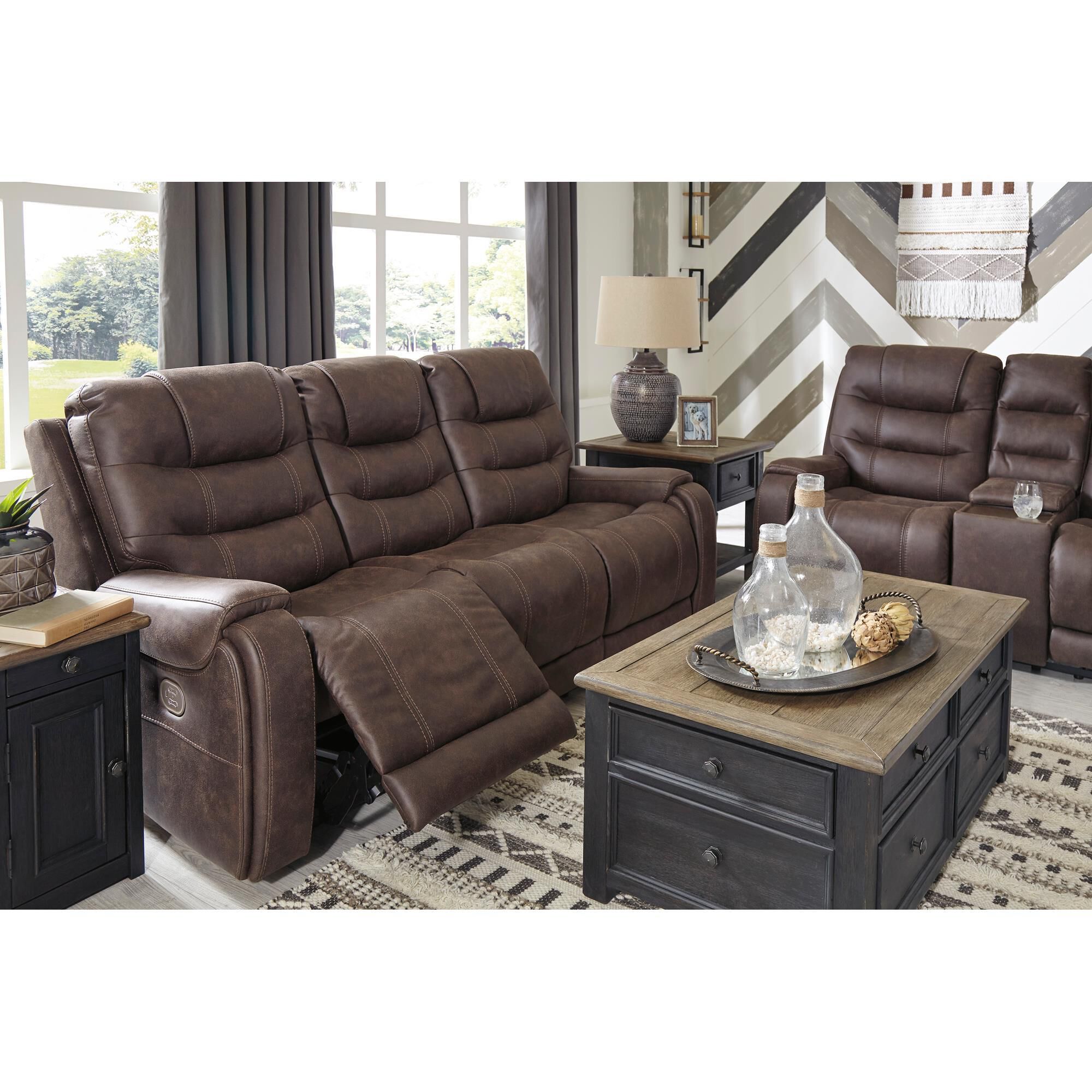 Signature Design by Ashley Yacolt Power Reclining Sofa with Adjustable Headrest in Walnut NFM
