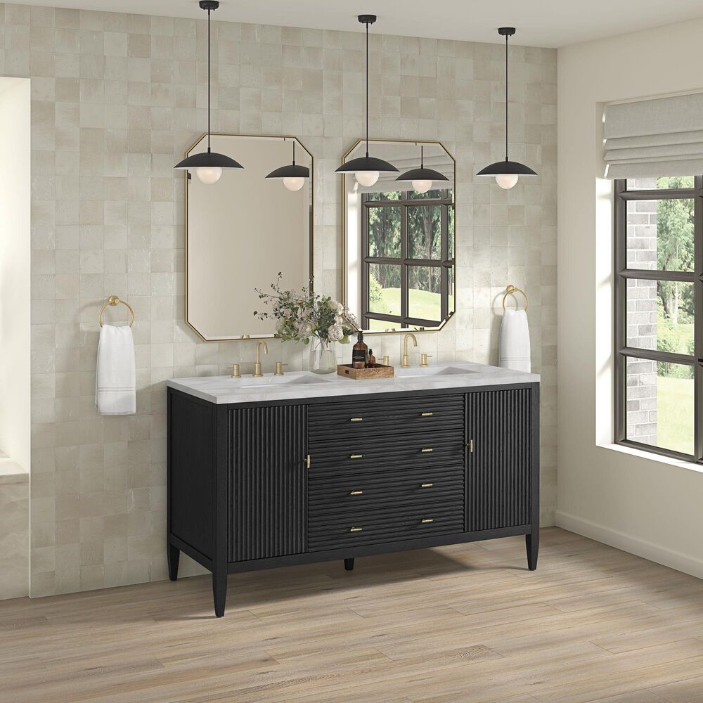 James Martin Vanities Myrrin 60" Double Bathroom Vanity in Carbon Oak with 3 cm Eternal Jasmine Pearl Silestone Top, Rectangular Sinks and FreePower Wireless Charger, , large