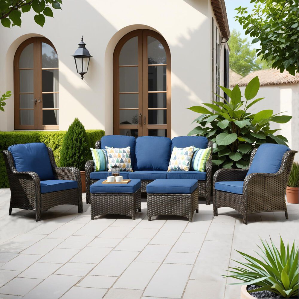 HOMLUX 5-Piece Patio Furniture Set with Chairs and Ottomans, High Back Outdoor Sofa Set, Brown Rattan in Denim Blue, , large