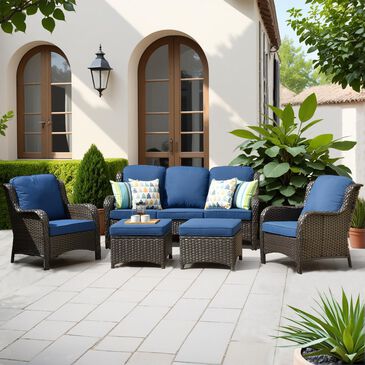 HOMLUX 5-Piece Patio Furniture Set with Chairs and Ottomans, High Back Outdoor Sofa Set, Brown Rattan in Denim Blue, , large