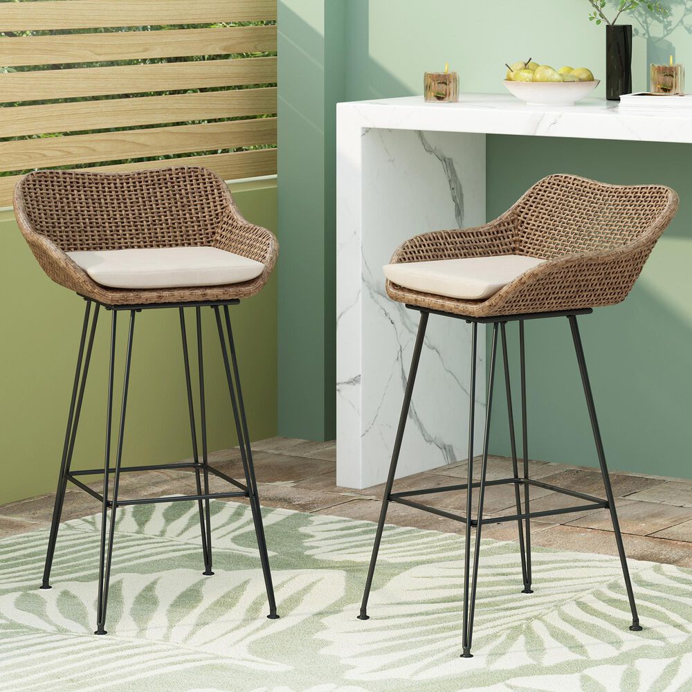 Hearth and Haven Outdoor Wicker and Iron Bar Stool in Beige &#40;Set of 2&#41;, , large
