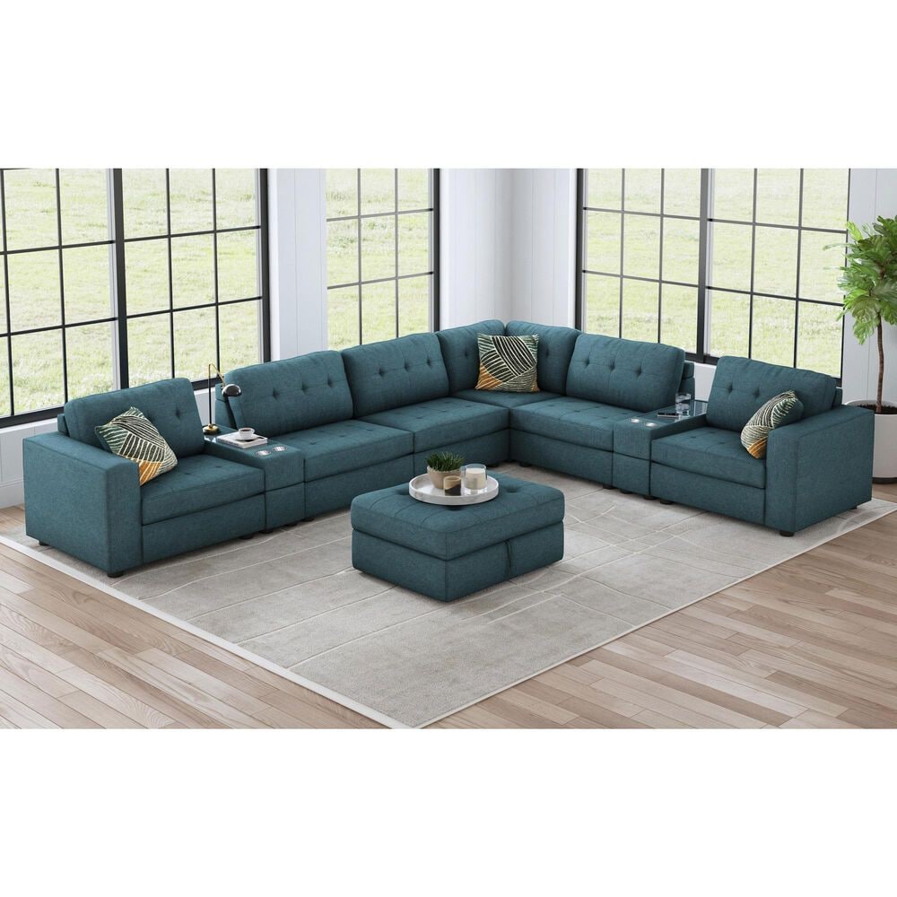 Mayberry Hill Options One 8-Piece Stationary Reversible Sectional in Teal, , large