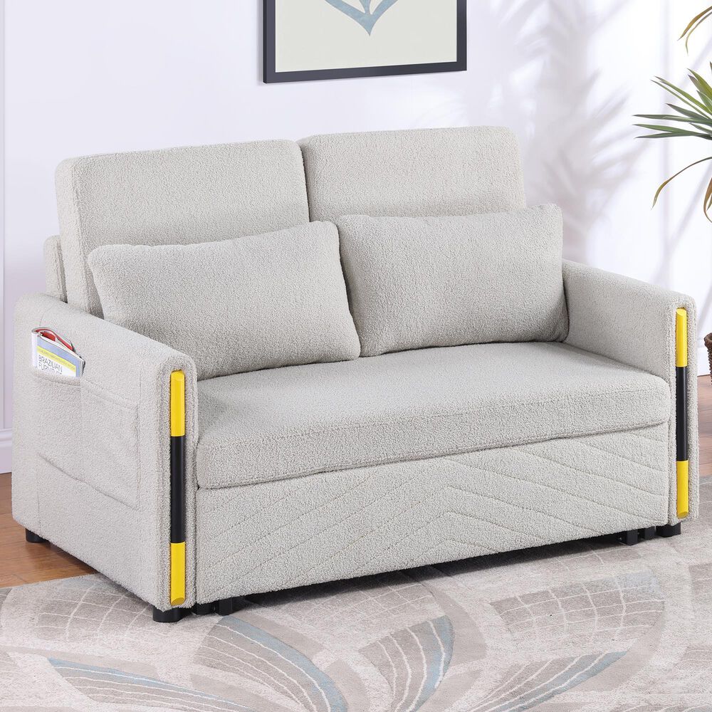 HOMLUX 55.5" Stationary Teddy Dual-Pull Sleeper Loveseat with Side Pockets in Beige Velvet, , large