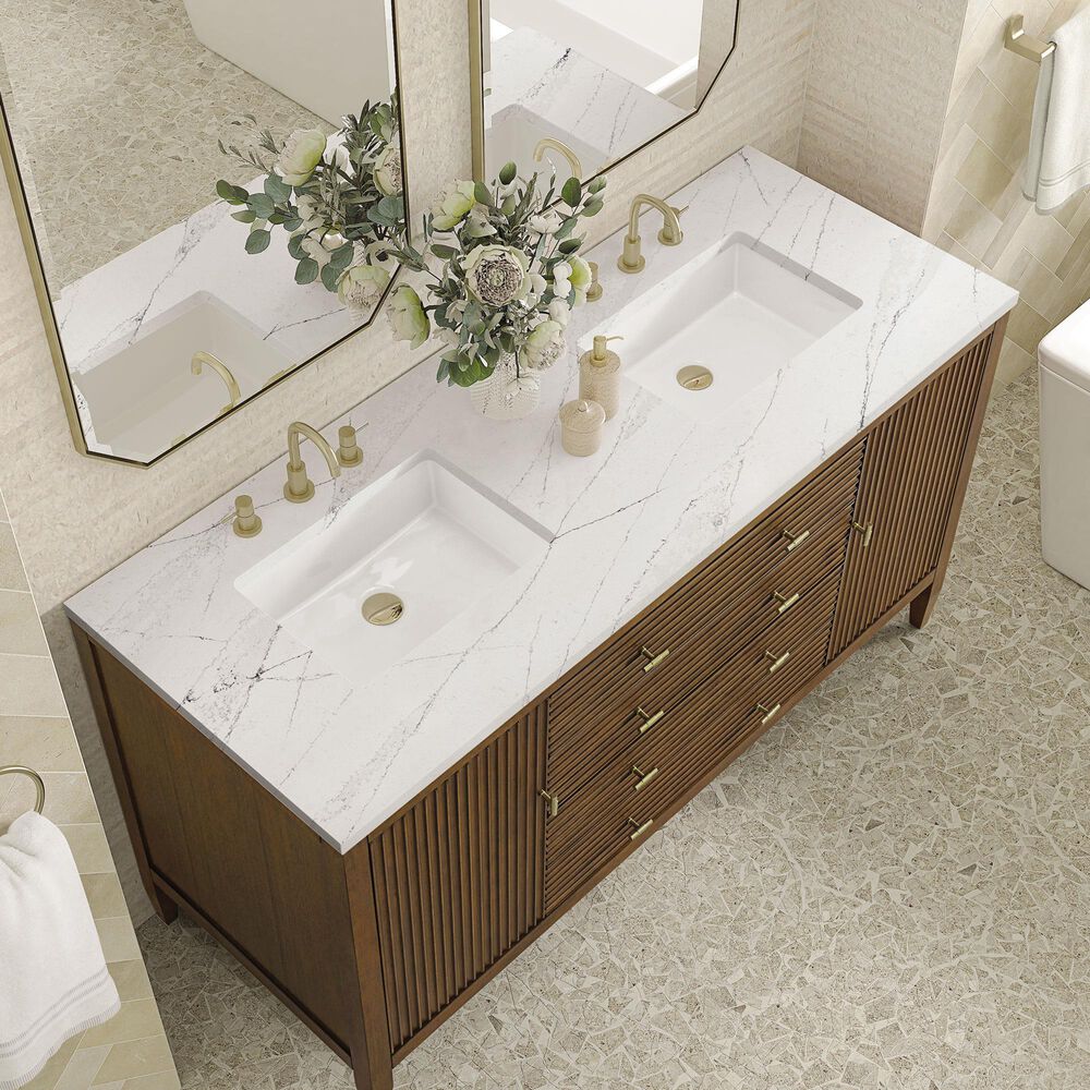 James Martin Vanities Myrrin 60&quot; Double Vanity in Mid Century Walnut with 3 cm Ethereal Noctis Quartz Top, , large