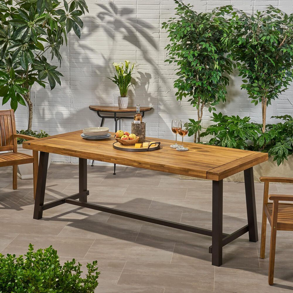 Hearth and Haven Outdoor Wood Dining Table with Slat Top and Metal Base in Teak, , large