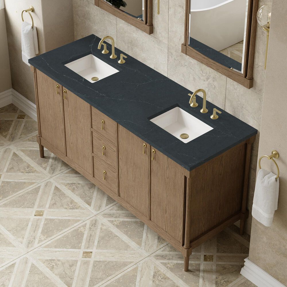 James Martin Kinnsden 72" Double Bathroom Vanity in Weathered Oak with 3 cm Charcoal Soapstone Silestone Top and Rectangular Sinks, , large