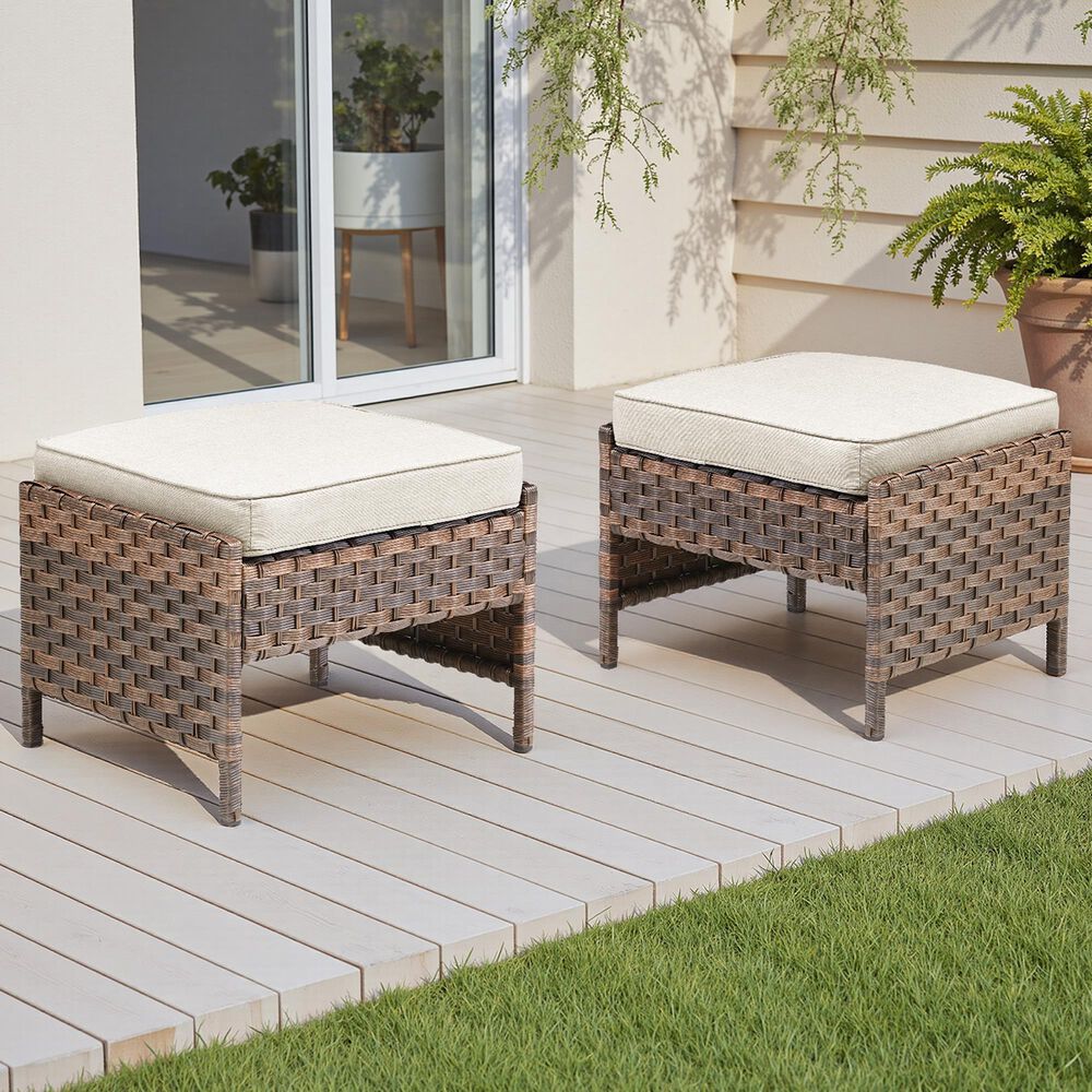 Hearth and Haven Patio Wicker Ottoman with Open Base Design in Beige (Set of 2), , large