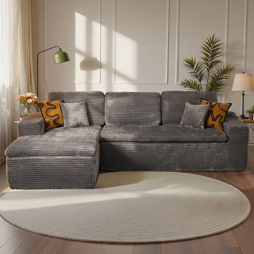 HOMLUX 2-Piece Stationary Left-Facing Chaise with Loveseat and Corduroy Fabric Upholstery in Grey, , large
