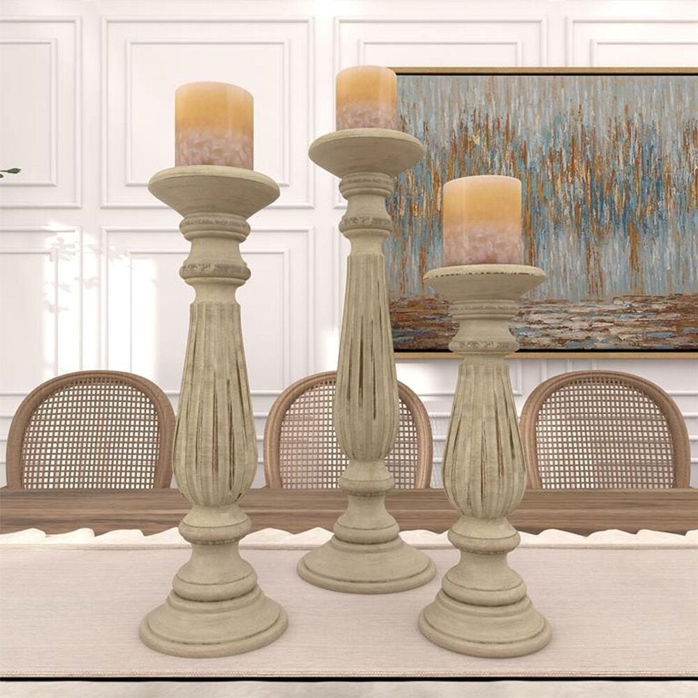 Maple and Jade 12&quot;, 15&quot;, 18&quot; Distressed Turned Pillar Decorative Candle Holder in Beige &#40;Set of 3&#41;, , large