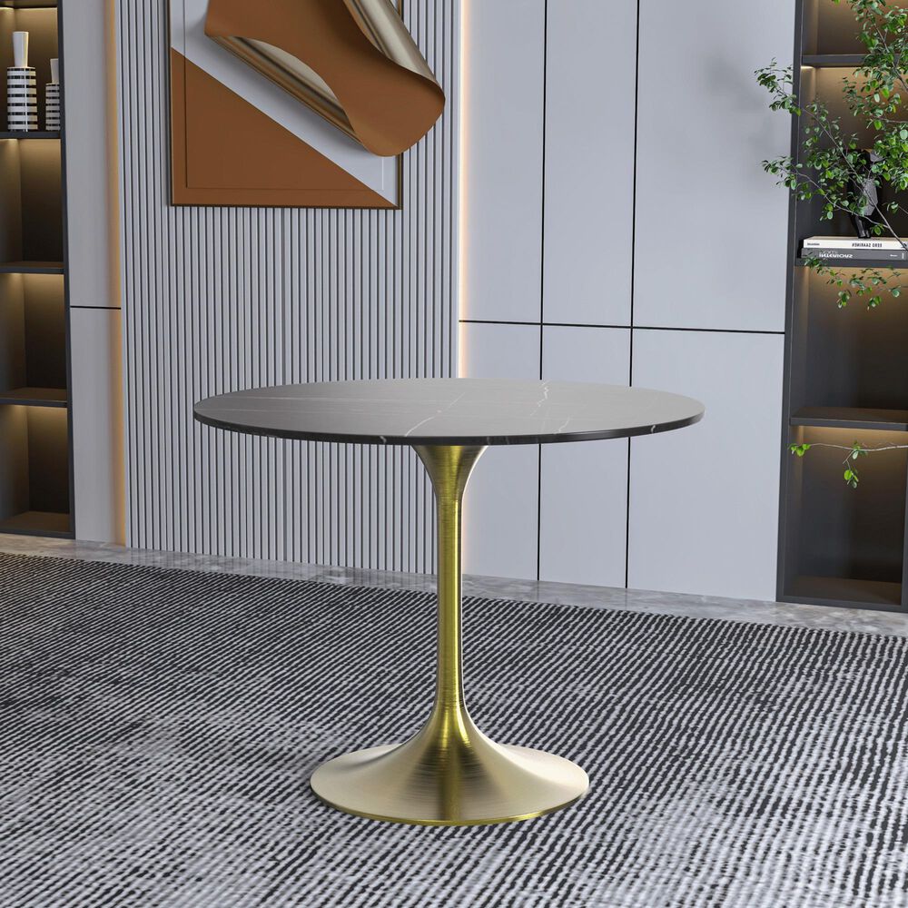 Leisuremod LeisureMod Verve Collection 36 Round Dining Table, Brushed Gold Base with Sintered Stone Black Top, , large