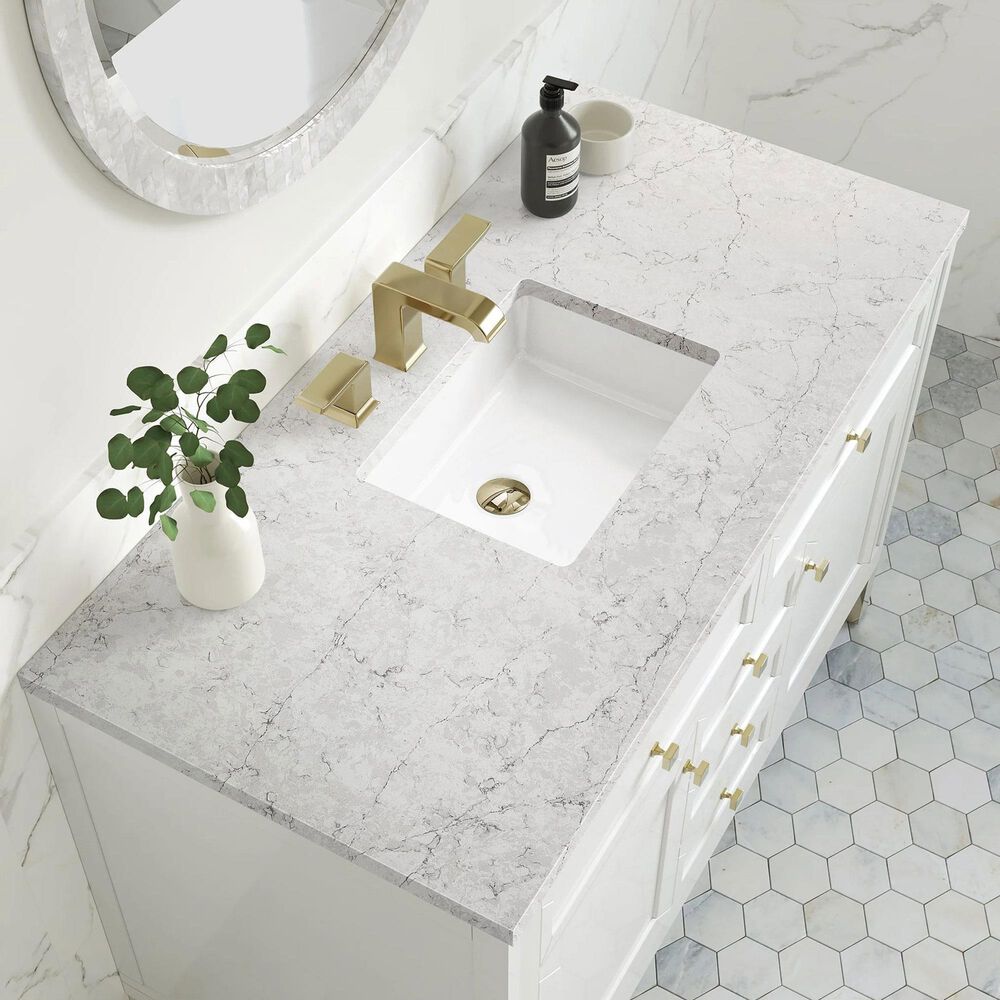 James Martin Vanities Chicago 48&quot; Single Bathroom Vanity in Glossy White with 3 cm Eternal Jasmine Pearl Quartz Top and Rectangular Sink, , large