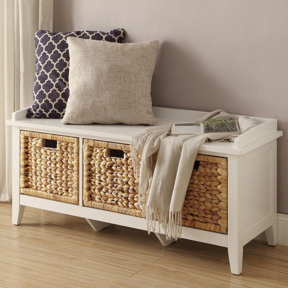 Hearth and Haven Flavius Storage Bench with Rattan Baskets in White and Brown, , large