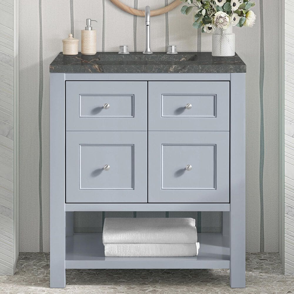 James Martin Vanities Breckenridge 30&quot; Single Bathroom Vanity in Serenity Blue with 3 cm Parisien Bleu Quartz Top and Rectangular Sink, , large