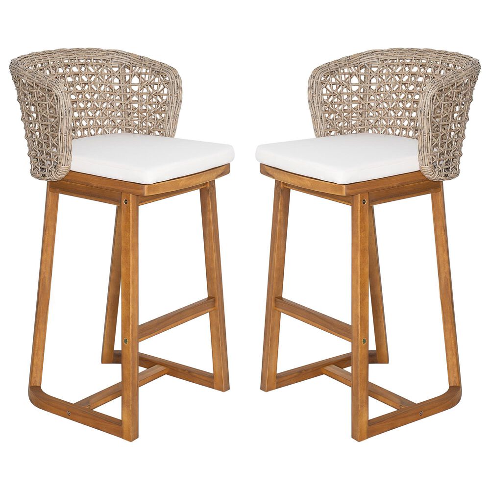 Hearth and Haven Outdoor Bar Stool with Woven Wicker Back and Cushion in Beige (Set of 2), , large
