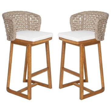 Hearth and Haven Outdoor Bar Stool with Woven Wicker Back and Cushion in Beige (Set of 2), , large