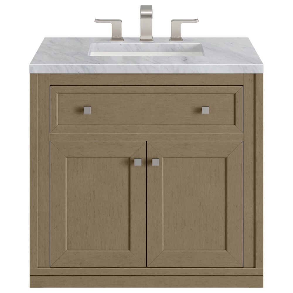James Martin Vanities Chicago 30" Single Bathroom Vanity in Walnut Whisper with 3 cm Carrara White Marble Top and Rectangular Sink, , large