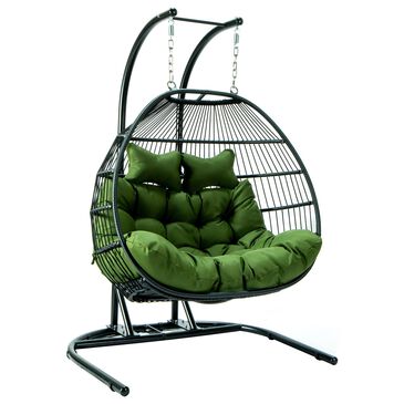 Leisuremod Patio 2-Seat Double Folding Hanging Egg Swing Chair with Dark Green Cushion in Black, , large