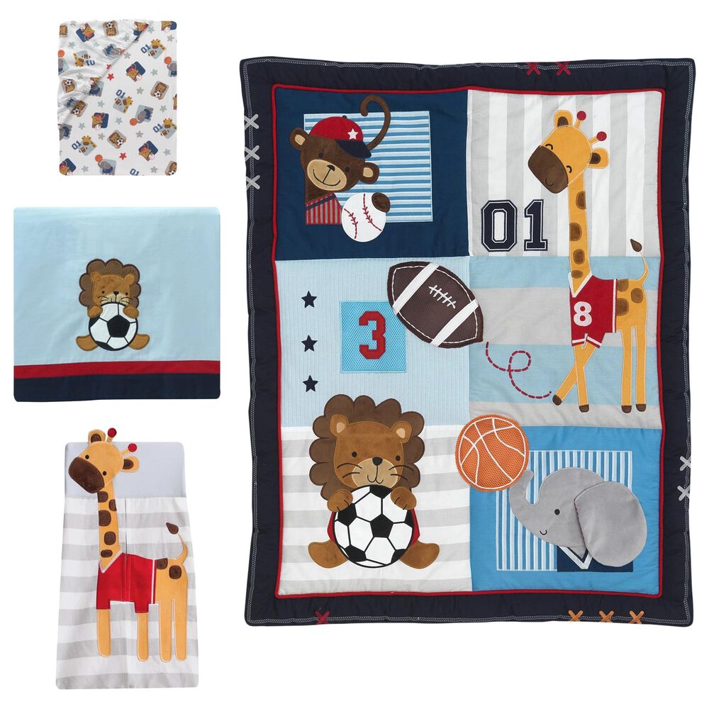 Lambs and Ivy Animal Sports 4-Piece Crib Bedding Set in Blue, Gray and White, , large