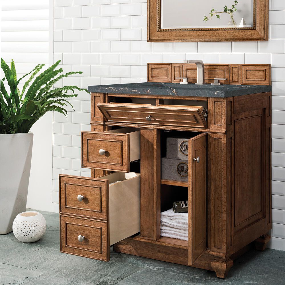 James Martin Vanities Bristol 30&quot; Single Bathroom Vanity in Saddle Brown with 3 cm Parisien Bleu Quartz Top and Rectangular Sink, , large