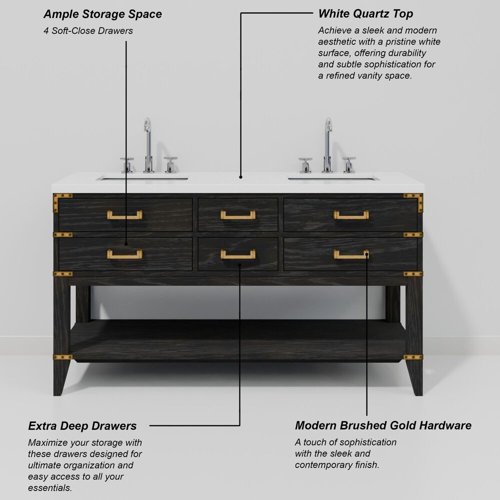 Lexora Home Norwalk 60" Double Bathroom Vanity in Black Oak with White Quartz Top and Rectangular Sinks, , large